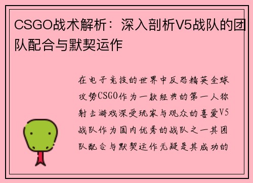 CSGO战术解析：深入剖析V5战队的团队配合与默契运作