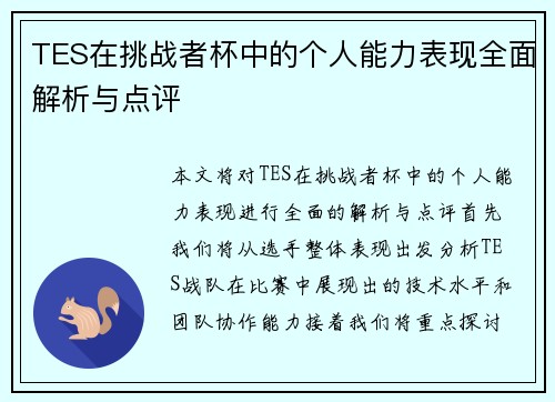 TES在挑战者杯中的个人能力表现全面解析与点评